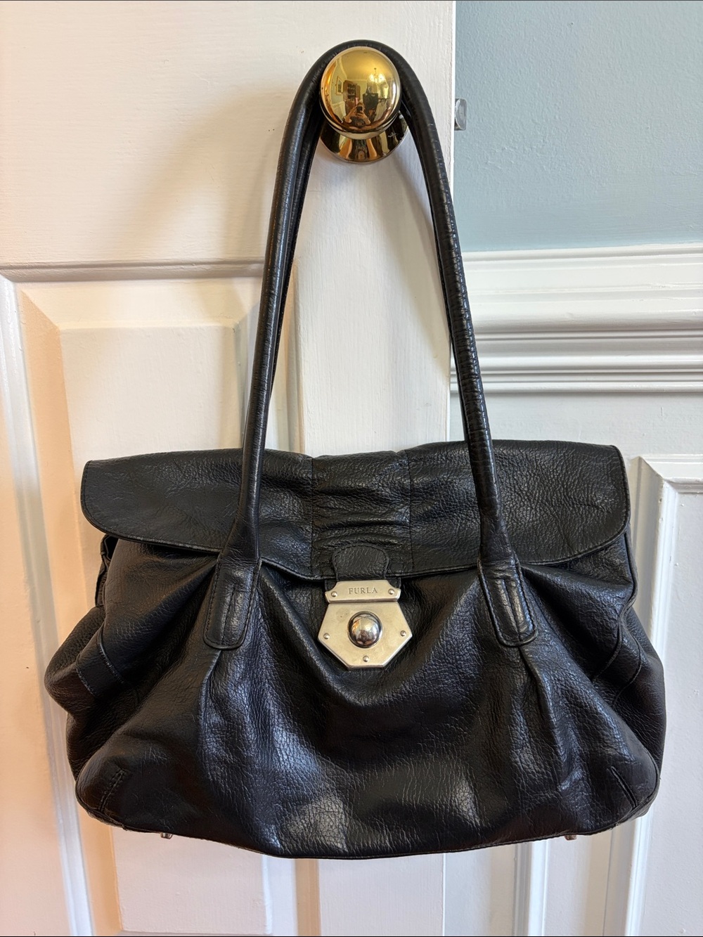 Furla Black Leather Shoulder Bag with Silver-Tone Lock